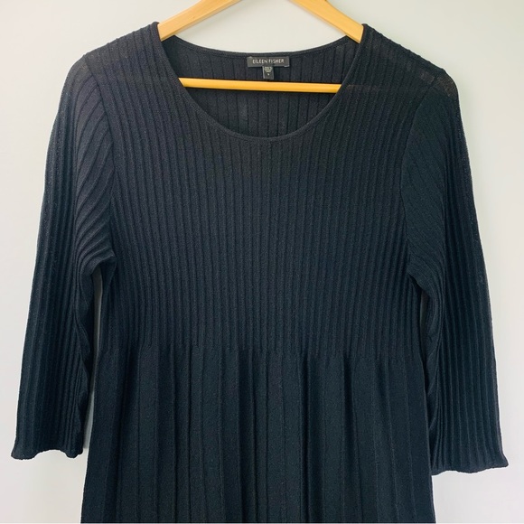 Eileen Fisher Wool Scoop Neck Pleated Ribbed Fit Flare 7/8 Sleeve Dress Black - Picture 3 of 11
